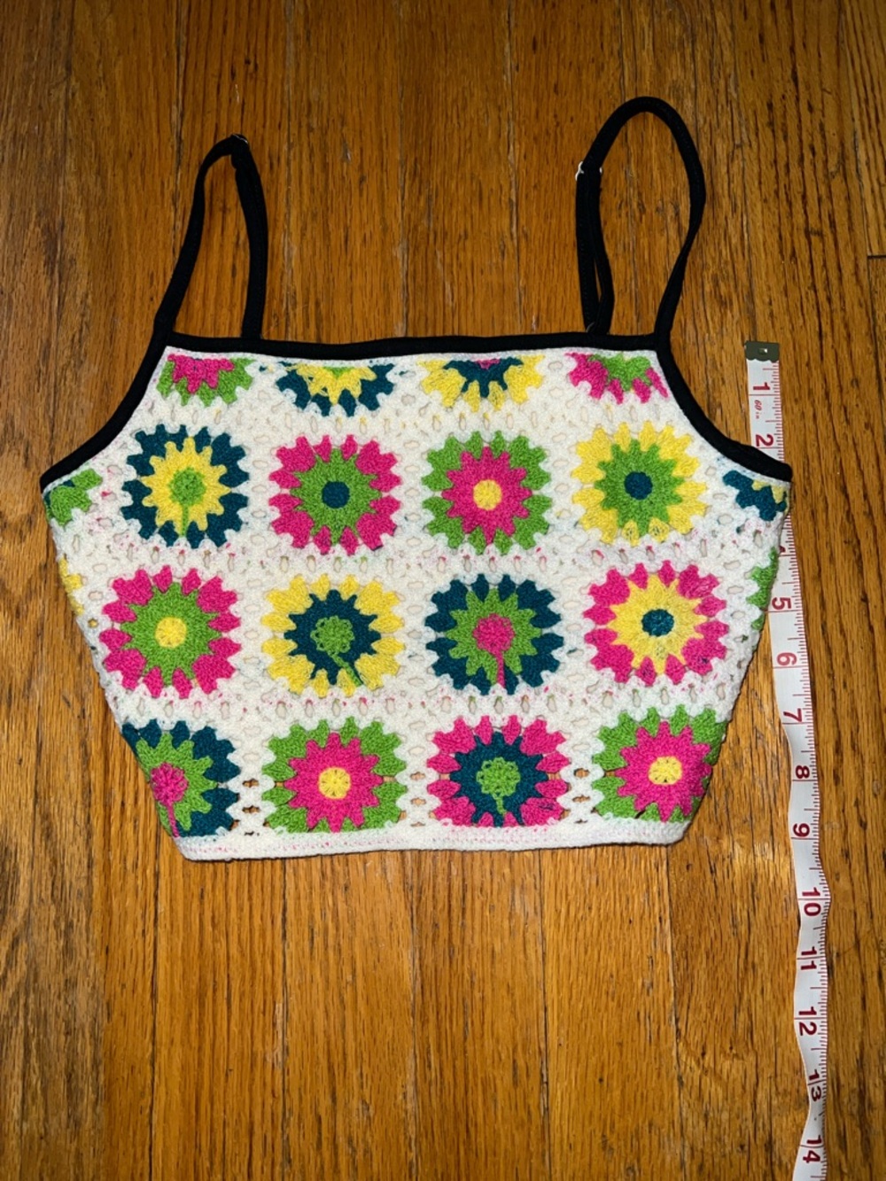 Crochet Floral Square-Neck Crop Top - White with Pink, Yellow & Green